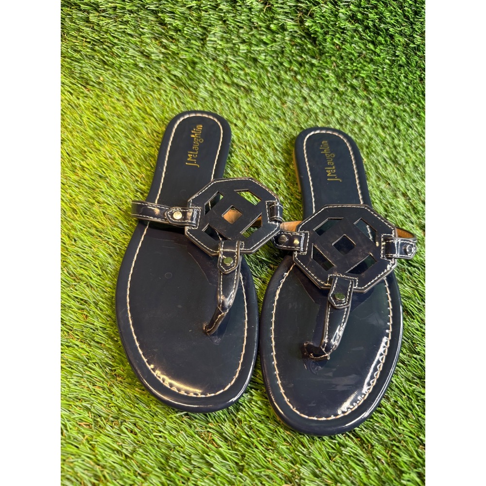 J.McLaughlin Navy Blue Patent Leather Medallion Thong Sandals Preppy Flat 8.5